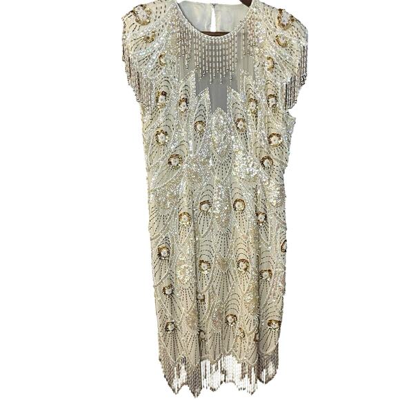 Vintage Silk Beaded Sequin Sheath Dress Floral Gold Cream Formal Fancy Size 10 - Picture 1 of 6